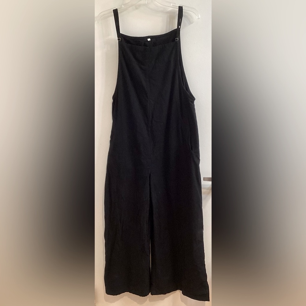 Black linen look wide leg overalls